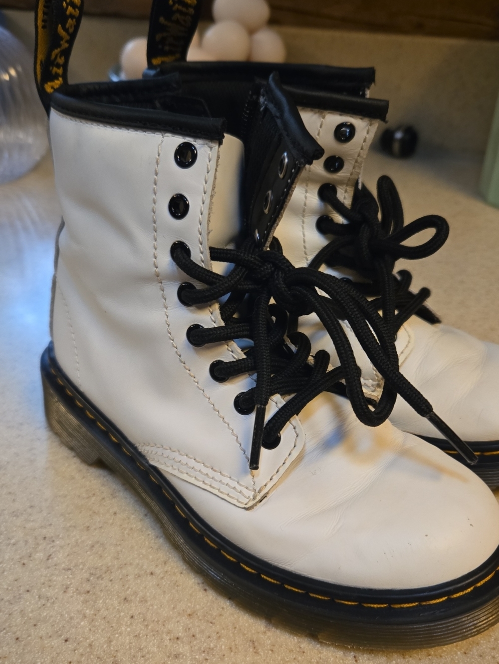 Doc Martens White Kids Lace-Up Combat Boots with Black Laces